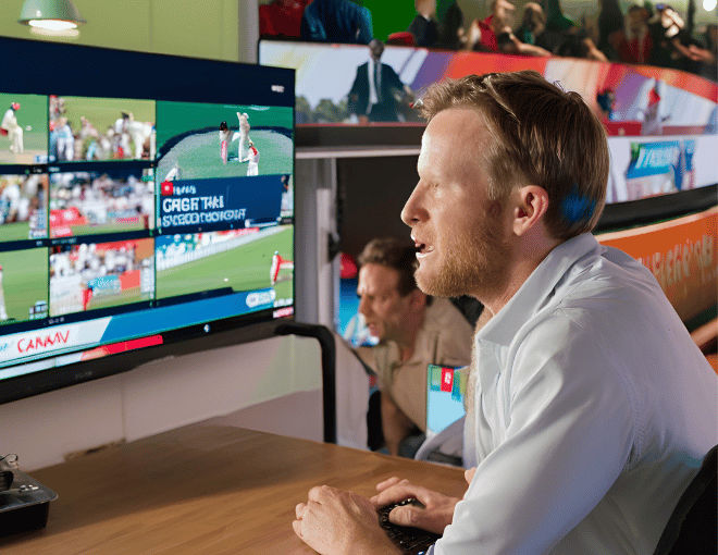 A white man focuses on his laptop amidst the lively backdrop of a cricket match on a big screen TV, its action-packed scenes mirrored in his intent expression.