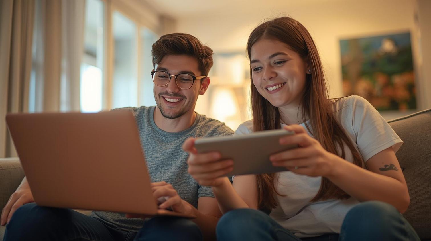 Two friends smiling while playing online games on blurred laptop indoors.