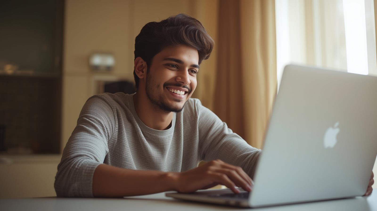 Happy man using laptop, smiling brightly as he wins in online gambling.