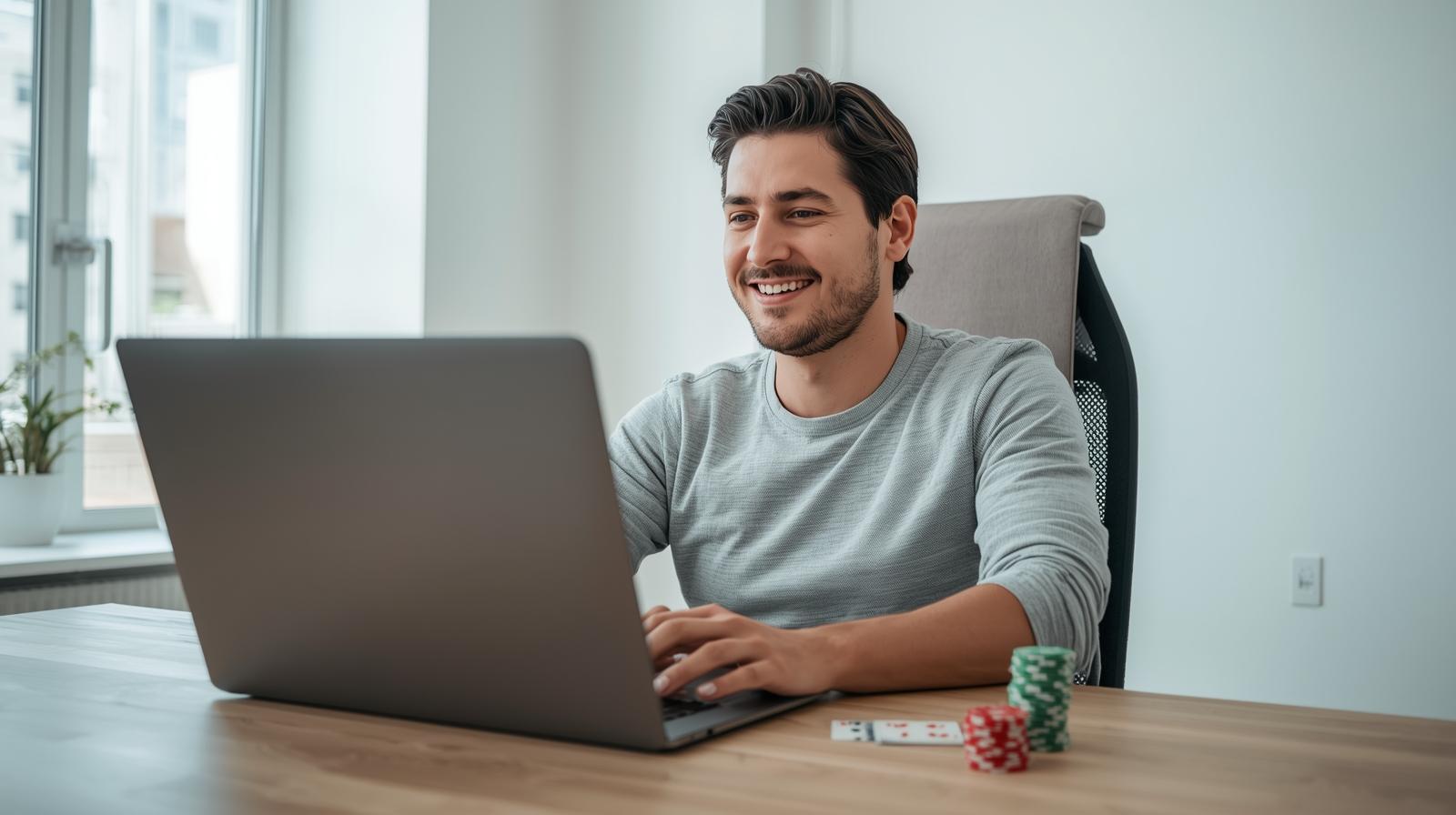 Person smiling at blurred laptop with poker chips on table nearby.
