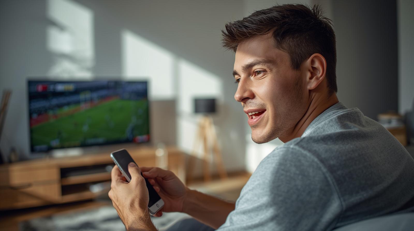 Man watching live sports on phone, reacting quickly with excitement.