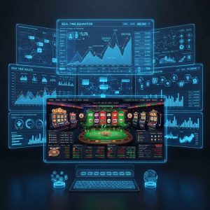 A futuristic data analytics dashboard with gambling statistics, user behavior graphs, AI processing streams, and a digital casino interface glowing with data points
