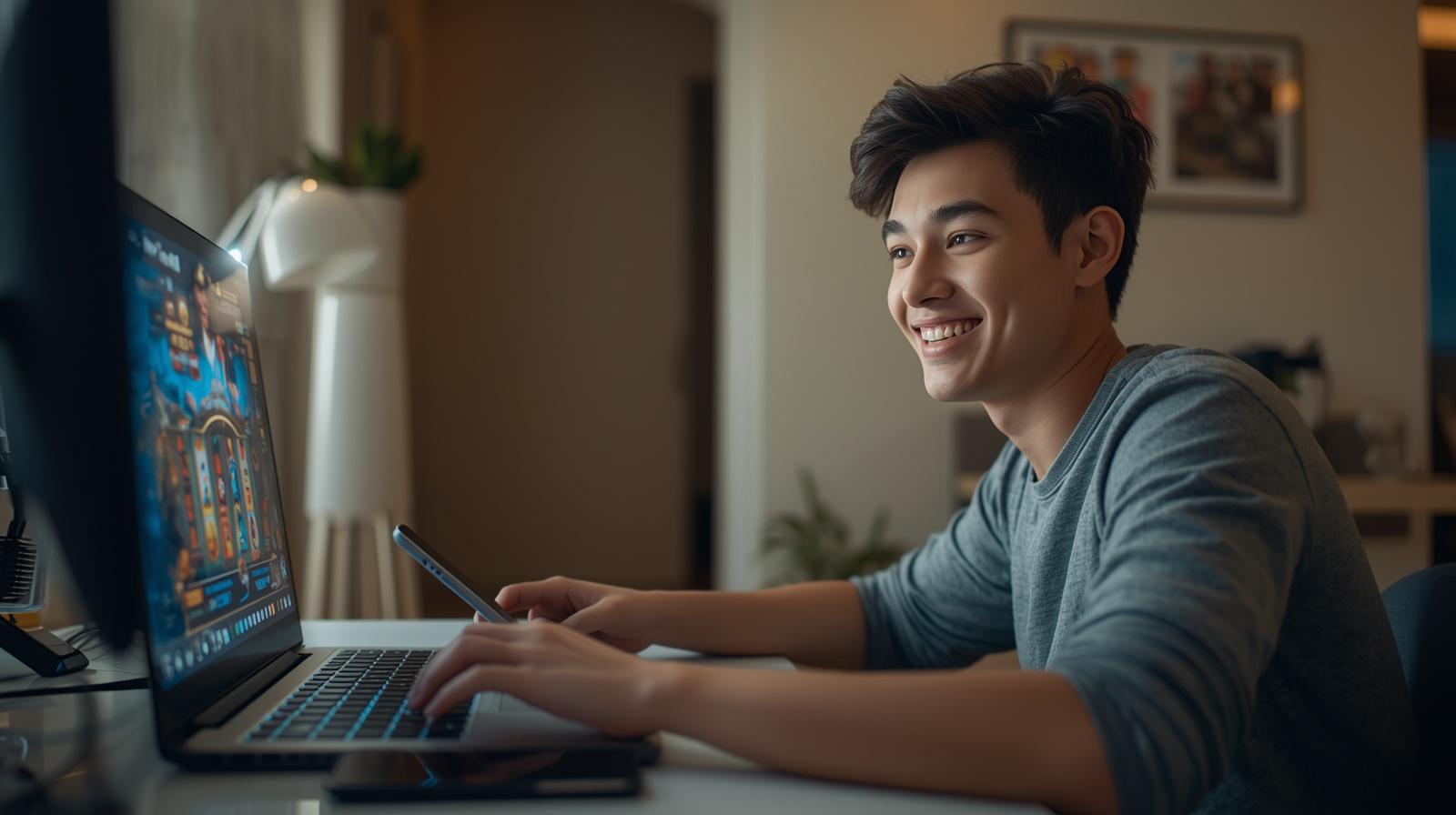 Young streamer celebrates exciting online casino moments while chatting with enthusiastic viewers live.
