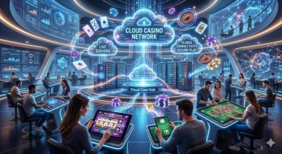 A cloud-powered casino platform with players accessing games from multiple devices