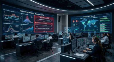 A futuristic AI control center for the gambling industry with machine-learning graphs, data streams, fraud detection alerts, cybersecurity shields, and human analysts monitoring digital systems.
